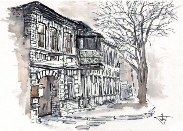 Пейзаж церкви в графике