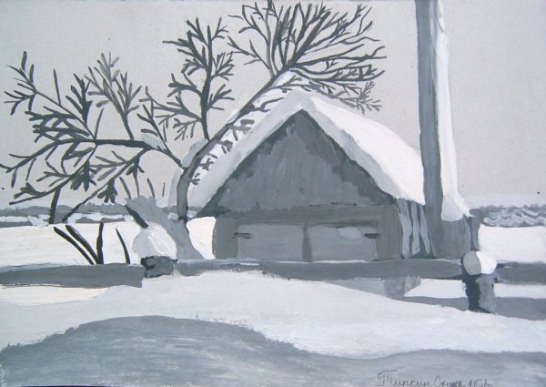 Пейзаж белой гуашью