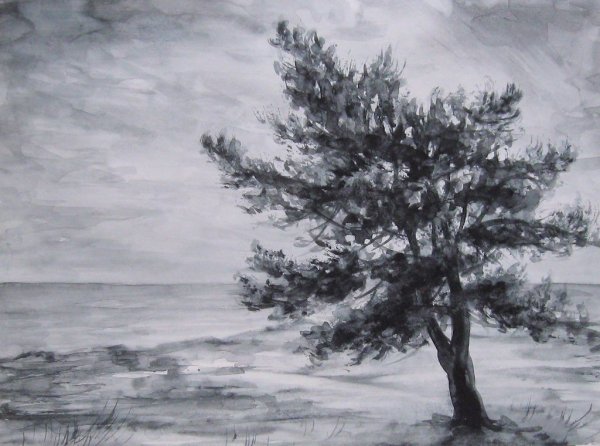 Чёрно-белый пейзаж гуашью