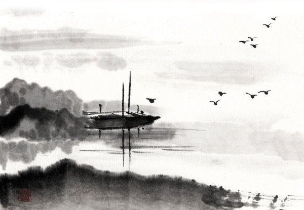 Черно белый пейзаж акварелью