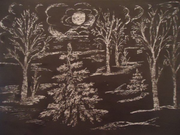 Пейзаж белой гуашью