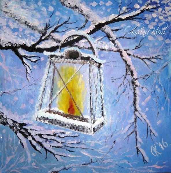 Зимний фонарь гуашью