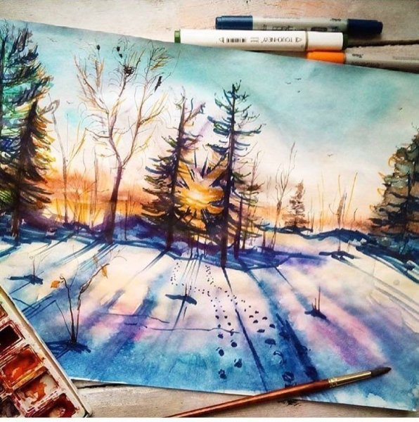 Зимние Акварельные скетчи