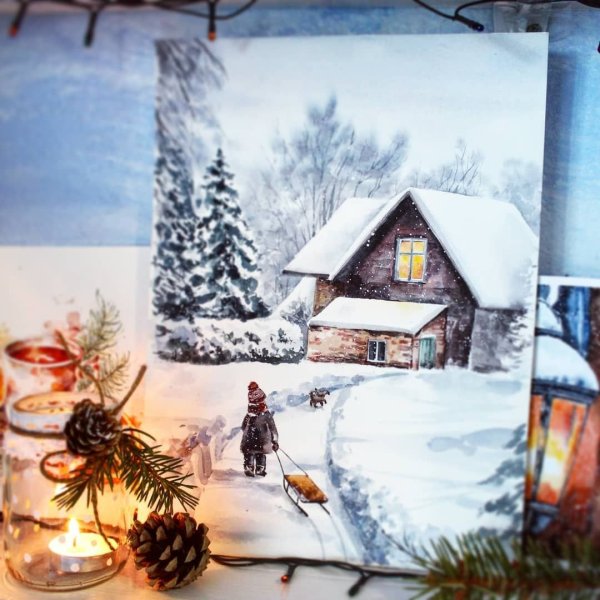 Зимний пейзаж спиртовыми маркерами