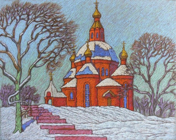 Церковь цветными карандашами