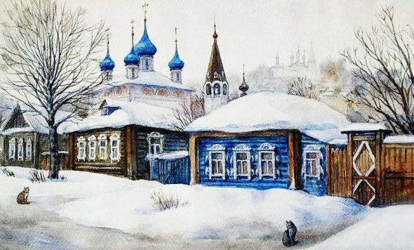 Церковь зимой акварель