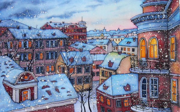 Акварель батик город