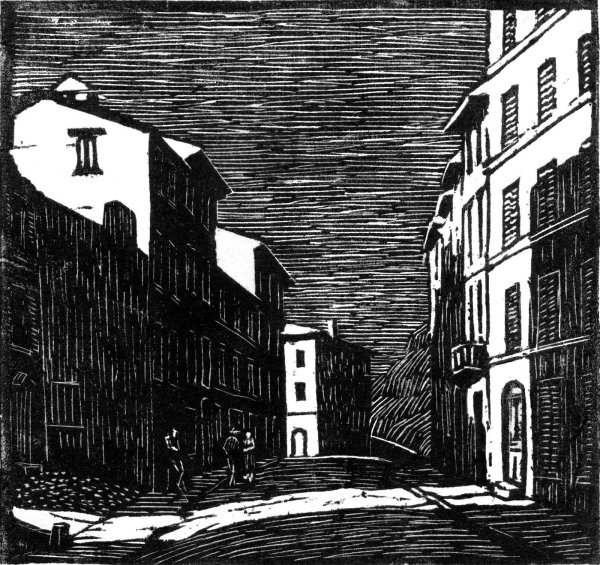 Линогравюра пейзаж города