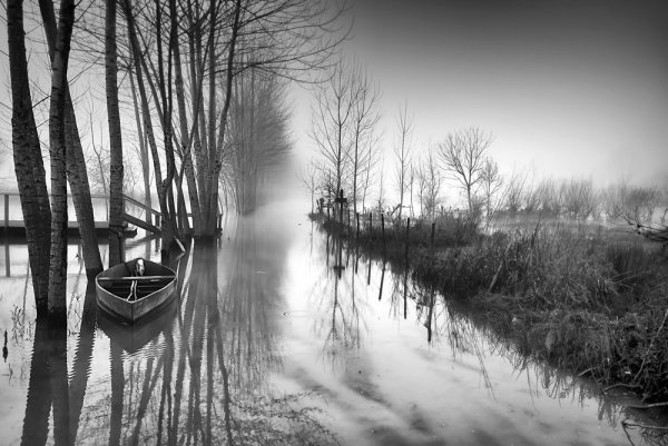 Пейзаж черно-бело-красный