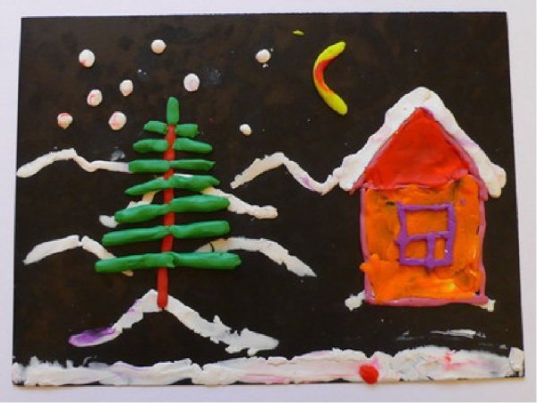 Пластилиновая живопись зимний пейзаж