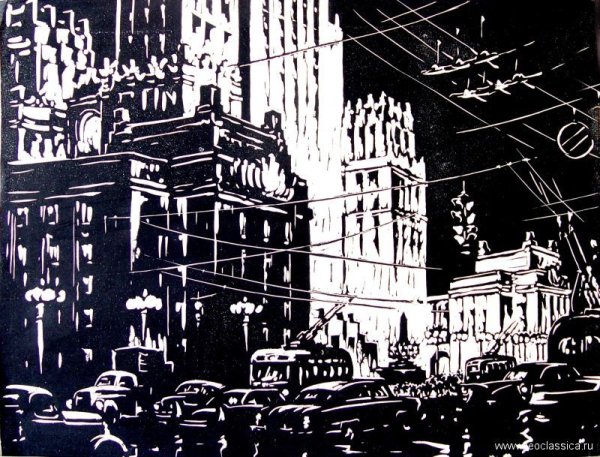 Линогравюра городской пейзаж
