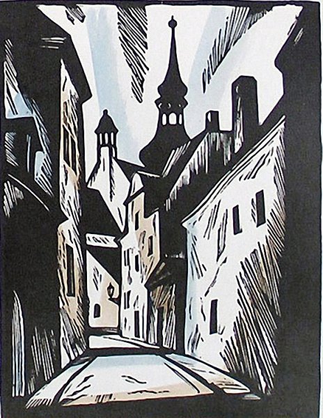 Линогравюра пейзаж города