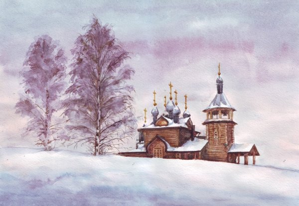 Зимний пейзаж с храмом