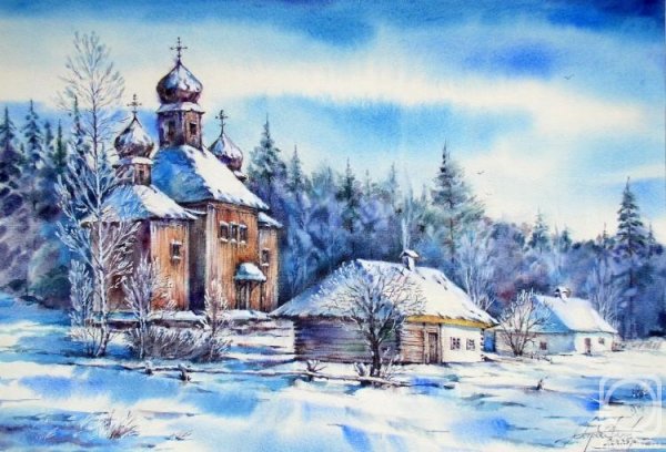 Акварель Поленово Церковь зима