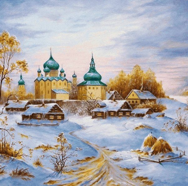 Художник Дмитрий Левин "зимний деревенский пейзаж ".