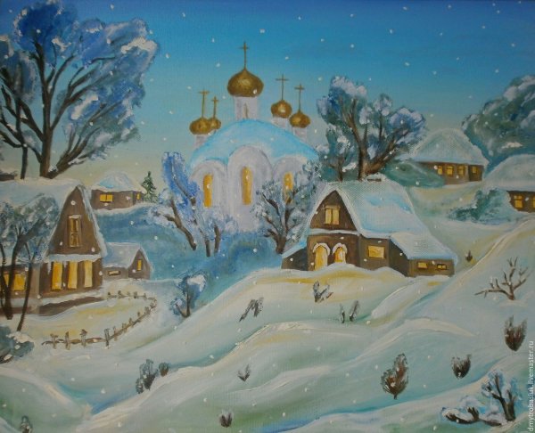 Зимняя деревня гуашью