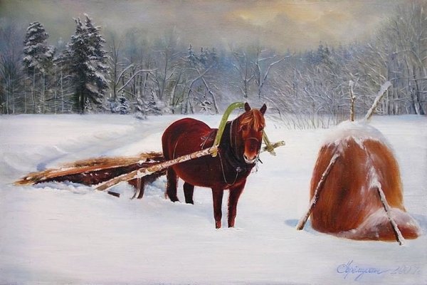Живопись,лошадь, зима