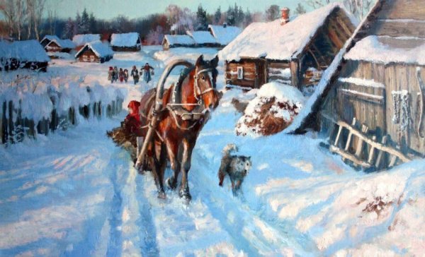 На санях зимой