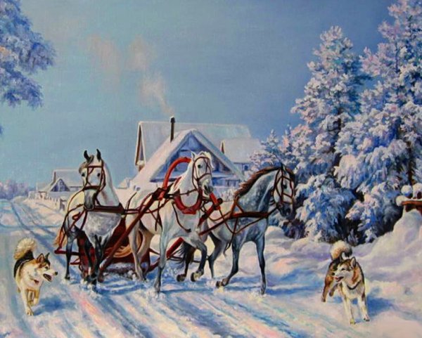 Зимние Деревенские пейзажи с лошадьми