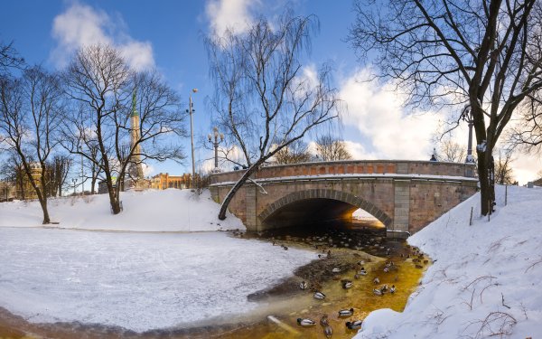Зимний пейзаж с мостом