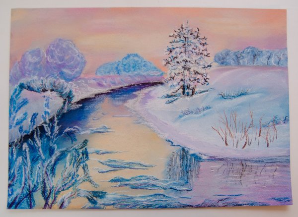 Зимний пейзаж акварелью поэтапно