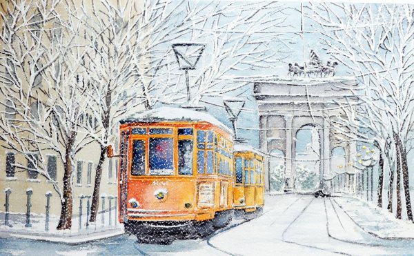 Зимний городской пейзаж акварелью