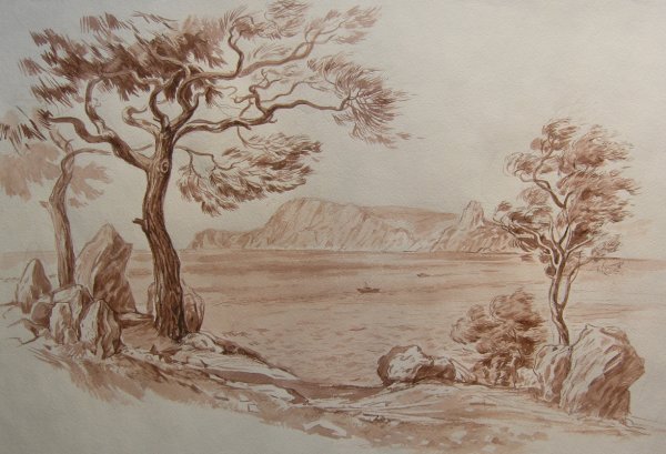 Пейзаж сангиной и углем