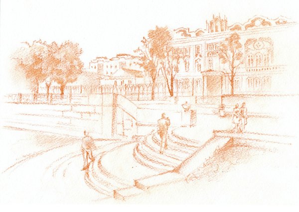 Пейзаж сангиной и сепией