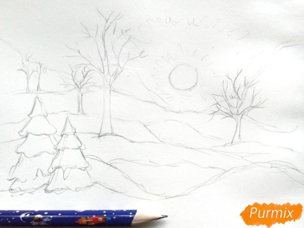 Зимний пейзаж цветными карандашами