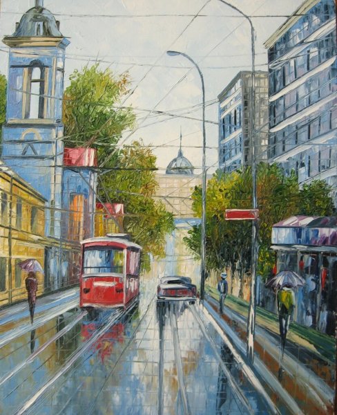 Московские улочки с трамваями в картинах художников
