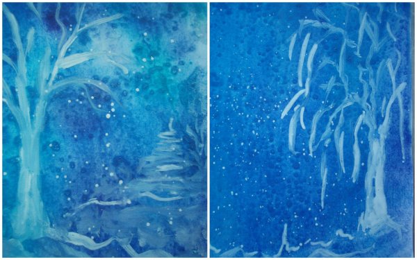 Зимний пейзаж белой гуашью