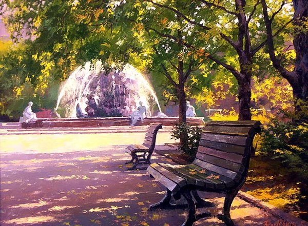 Парк с фонтаном и лавочками в Москве