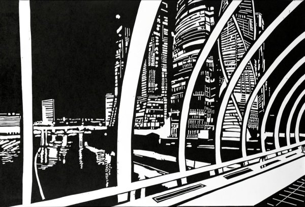 Линогравюра городской пейзаж техника