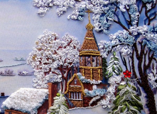 Вышивка лентами зимний пейзаж