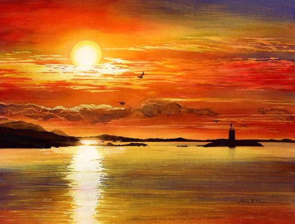 Пейзаж с солнцем живопись