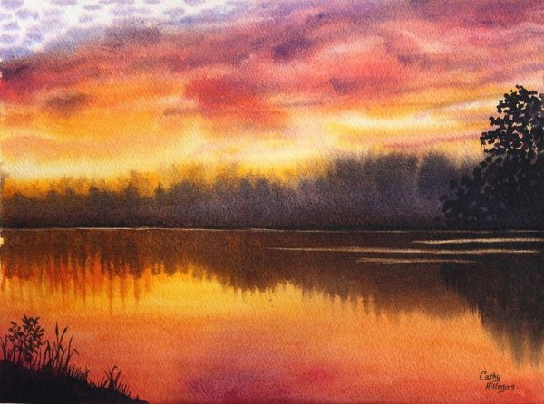 Вечерний пейзаж акварелью