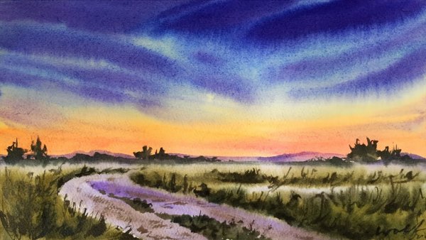 Пейзаж поле акварель