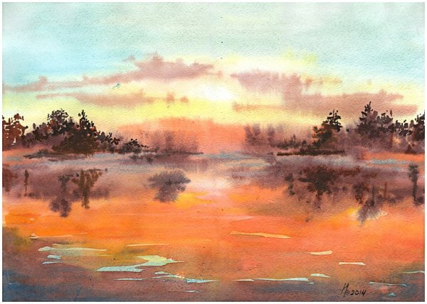 Акварельный пейзаж закат