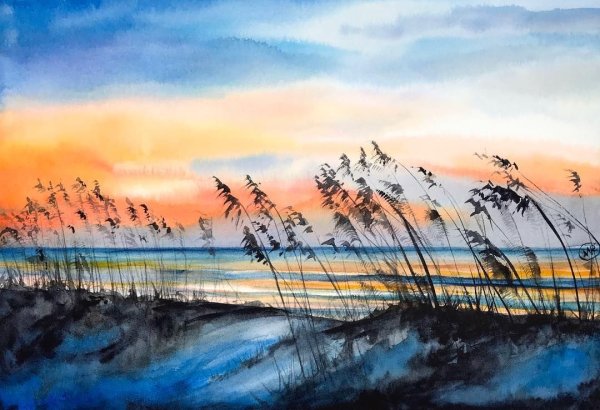 Закат картина акварелью