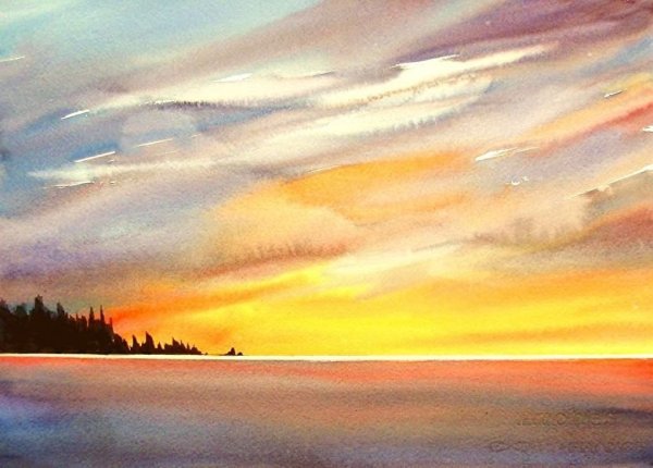 Вечерний пейзаж акварелью