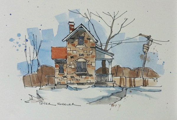 Акварель и линер пейзаж