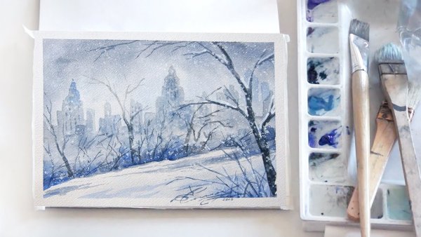 Зимние рисунки акварелью для начинающих