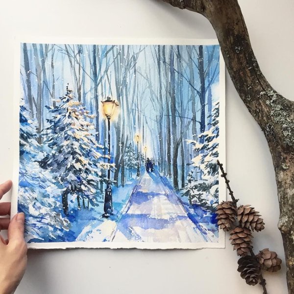 Новогодние картины акварелью