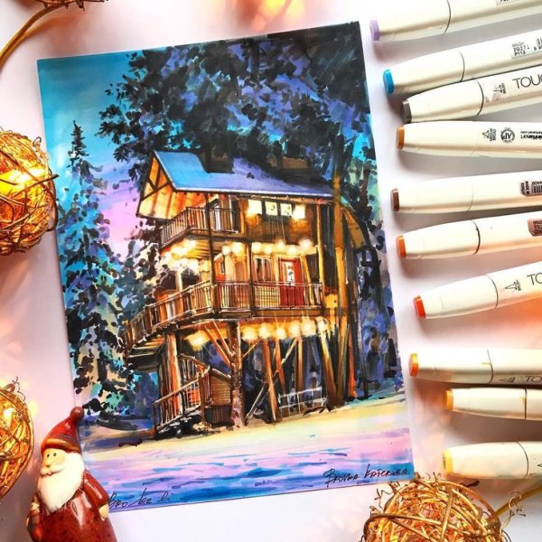 Зимние скетчи маркерами