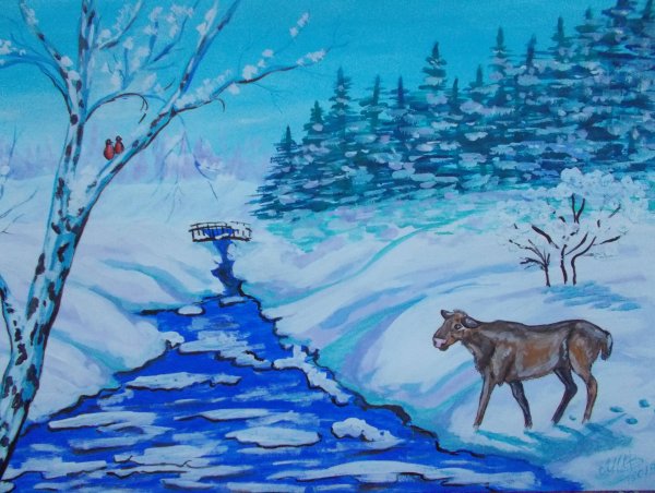 Зимний пейзаж гуашью для детей