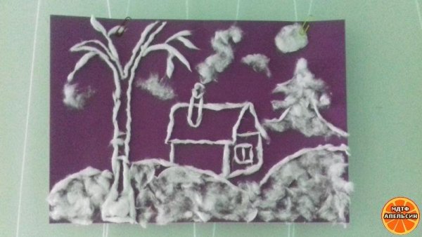Аппликация из ваты на бархатной бумаге