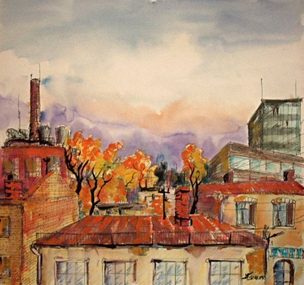 Городской пейзаж гуашью