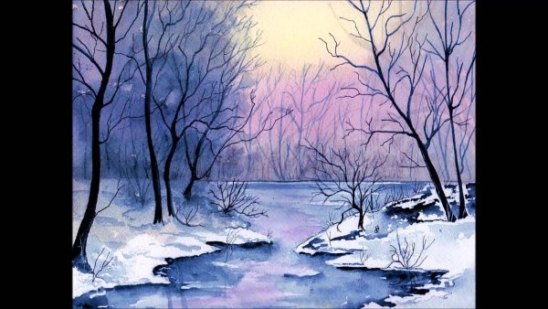 Зимний пейзаж гуашью