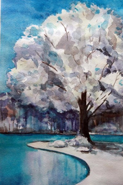 Зимний пейзаж гуашью