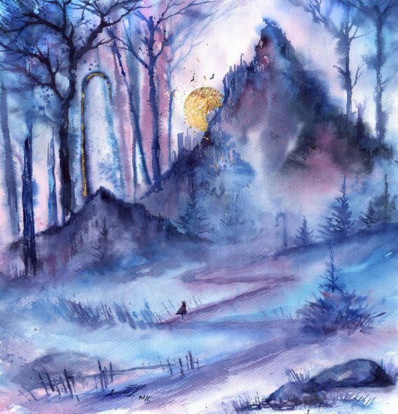 Зимний пейзаж с домиком акварелью